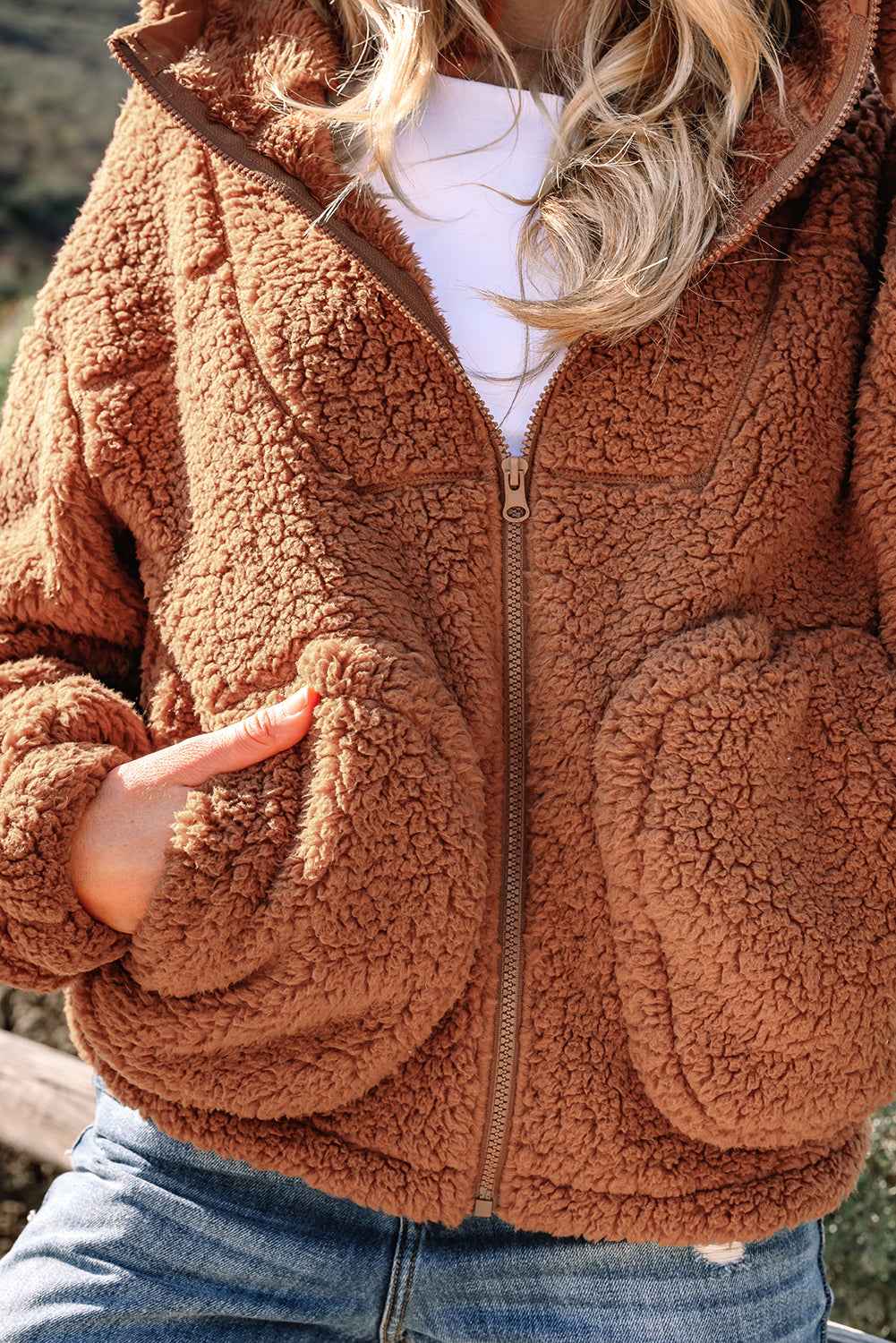 Straw Yellow Zip Up Hooded Sherpa Jacket bb6e71a7d6adac86