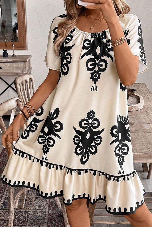 Apricot Ethnic Print Ruffle Hem Loose Mini Dress Apricot bb737946ebd33f7b