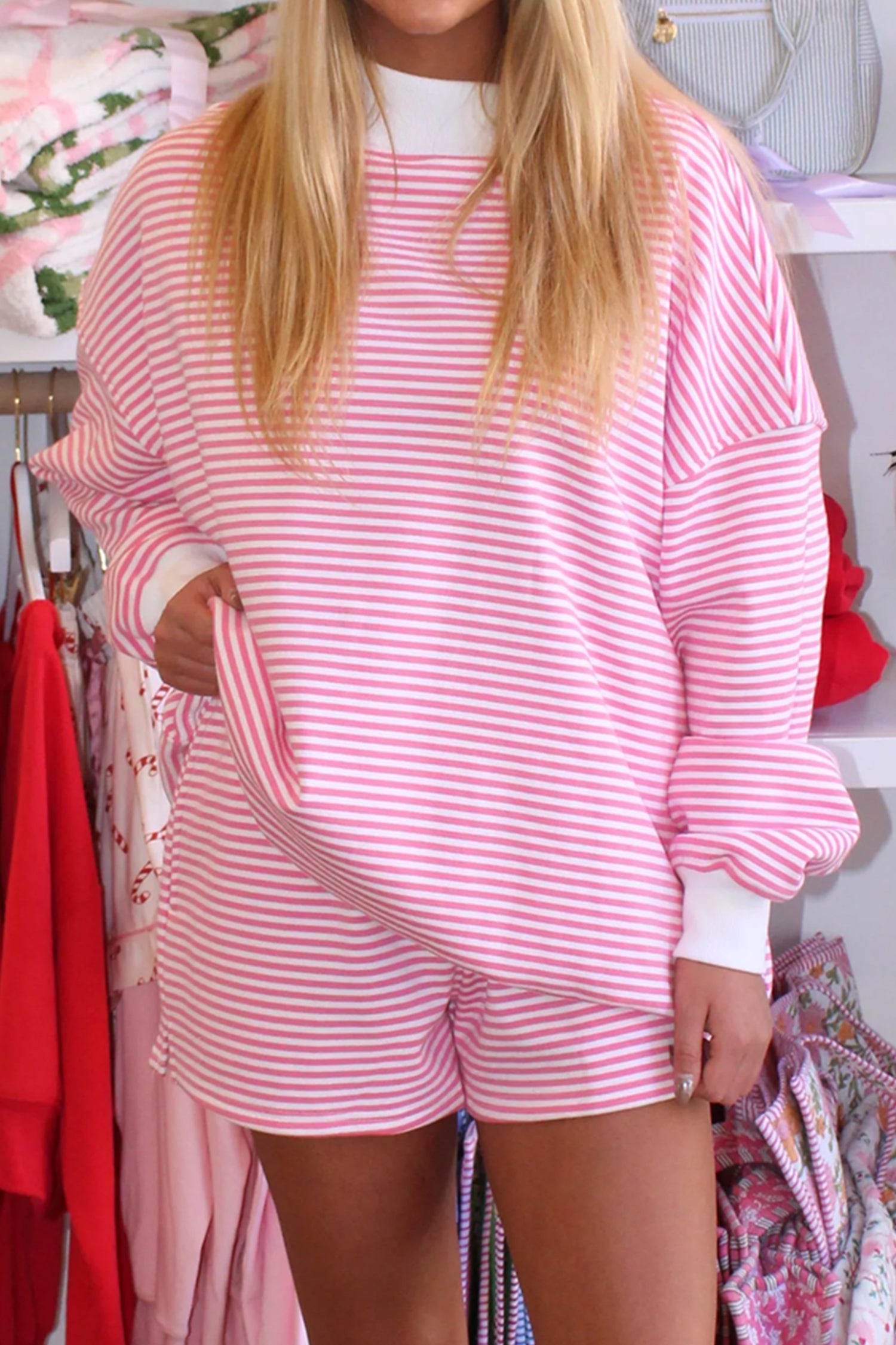 Pink Stripe Oversize Mock Neck Sweatshirt and Shorts Set bb74f313c3070718