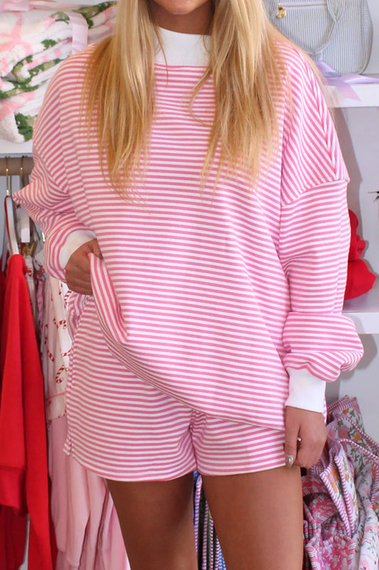 Pink Stripe Oversize Mock Neck Sweatshirt and Shorts Set bb74f313c3070718