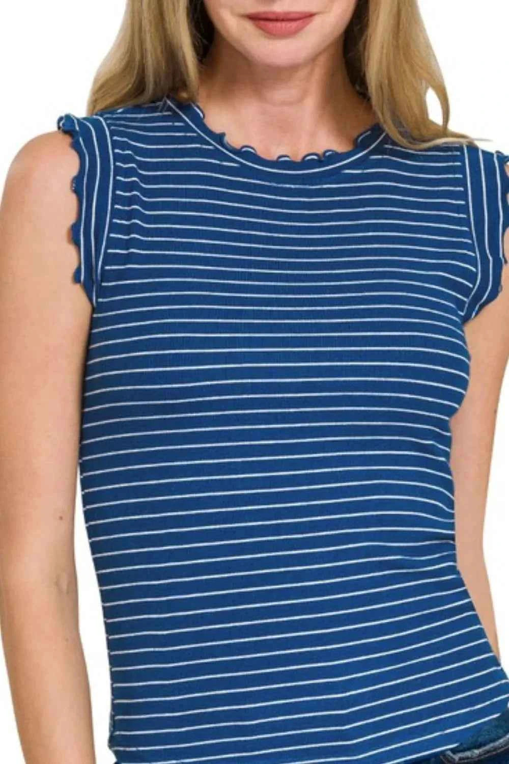 Zenana Ribbed Ruffle Trim Sleeveless Stripe Top bb77035d-59d8-4f62-a8e2-1f17c3174577-Max-Origin