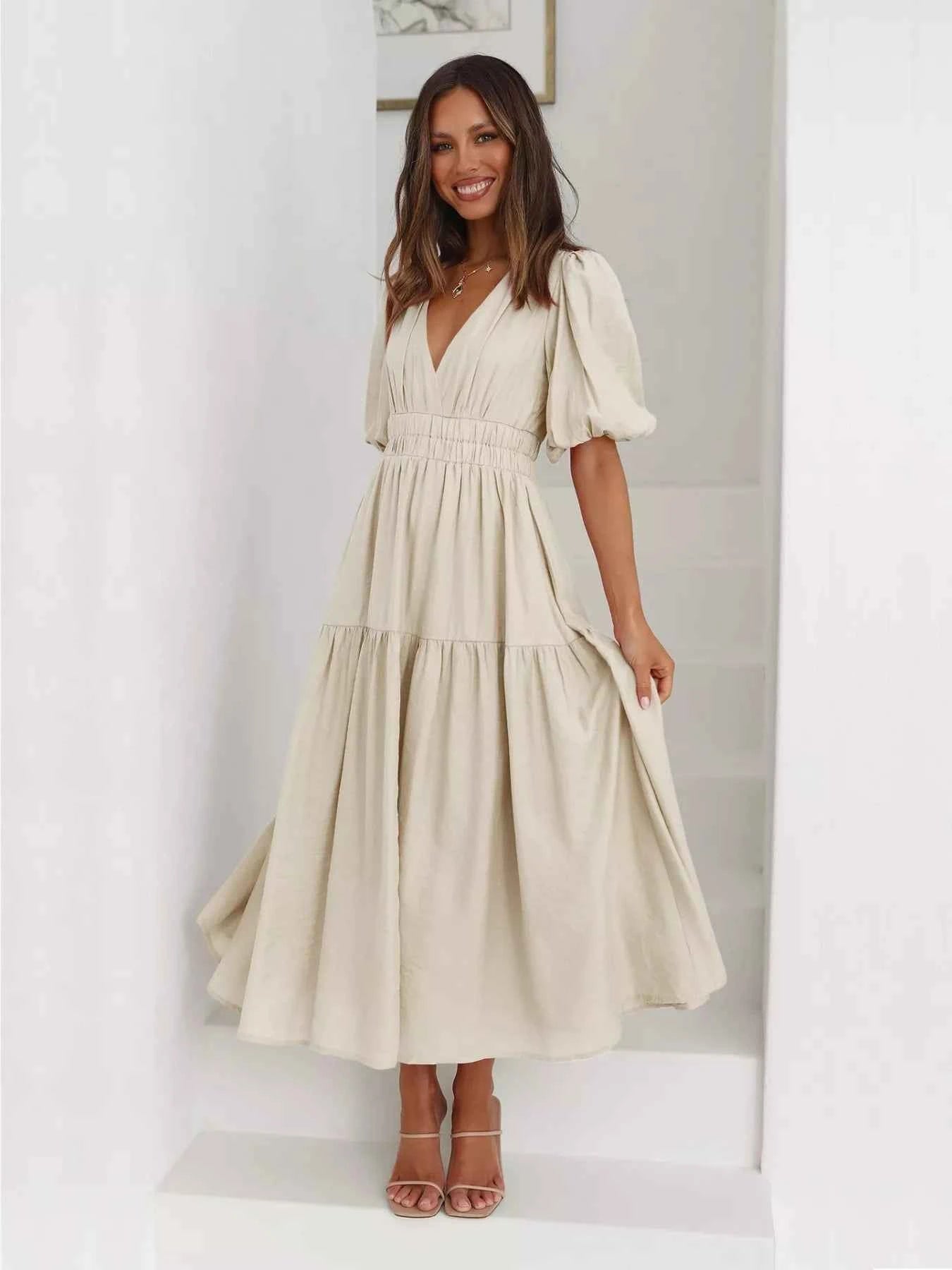 Tiered Puff Sleeve Midi Dress Beige bb78f00a-780b-4d27-adff-5bdad8a1d318-Max-Origin