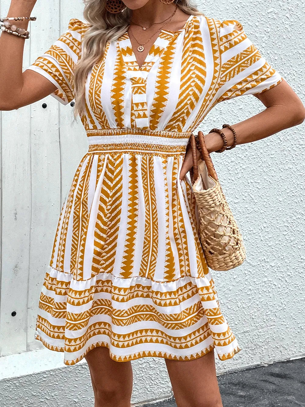 Perfee Geometric Notched Short Sleeve Mini Dress bb792c97-374d-4976-9e48-0dc4c3467ba1-Max