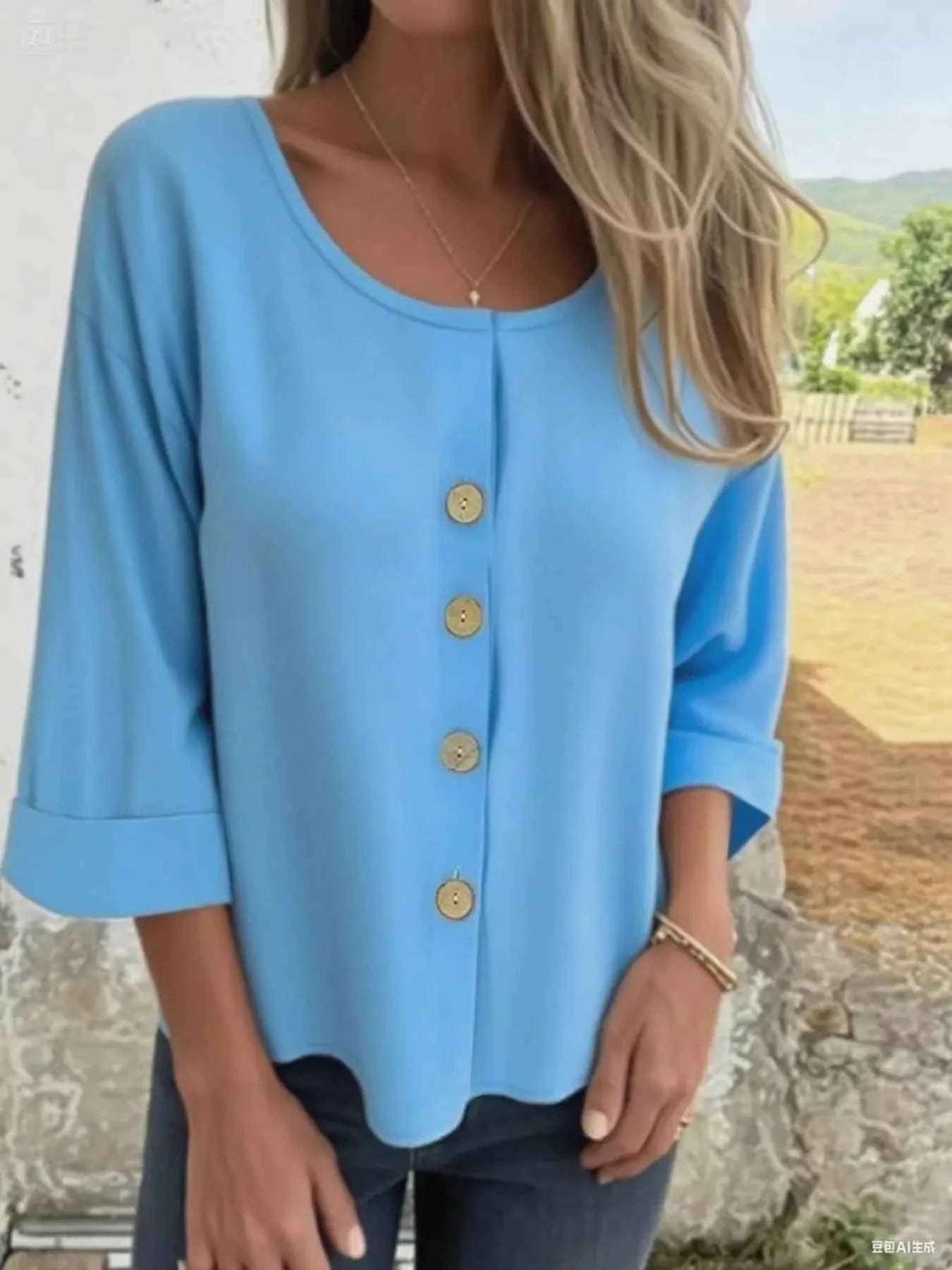 Full Size Button-Front 3/4 Sleeve Casual Blouse Plus Size Light Blue bb7c0632e3c04d1585a50ddd27458071-Max-Origin