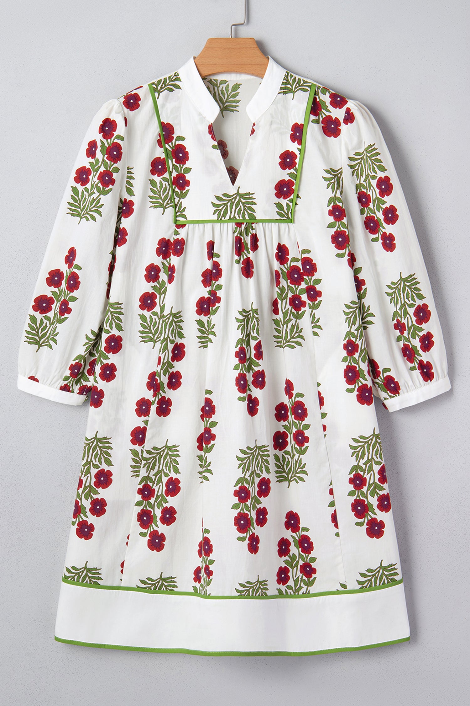 White Frilled V Neck 3/4 Sleeve Loose Floral Dress bb7ce21aeee9f277