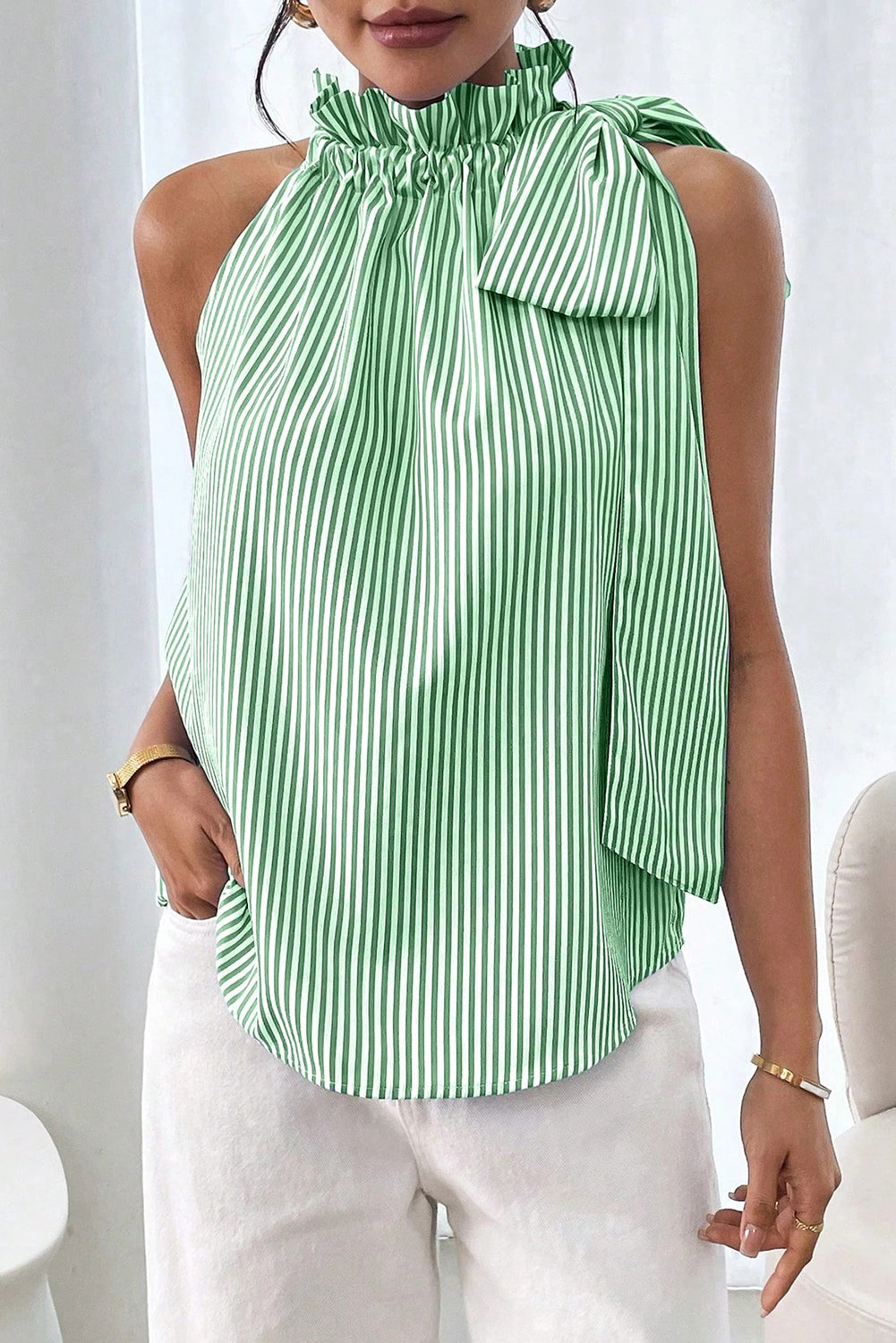 Green Striped Frill Neck Tie Knot Sleeveless Top bb8373bbd642c063