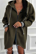 Dark Khaki Contrast Cuffed Drop Shoulder Zip up Tunic Hoodie Four Leaf Clover 100%Polyester bb85e2eaa5703af2