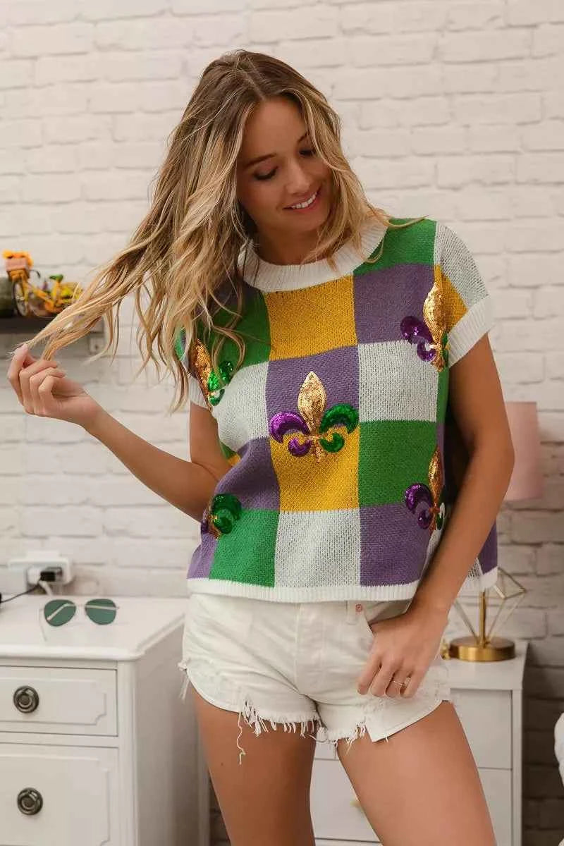 BiBi Sequin Embroidery Mardi Gras Checker Sweater Top bb86cde351b94625b1fa481d3b563726-Max-Origin