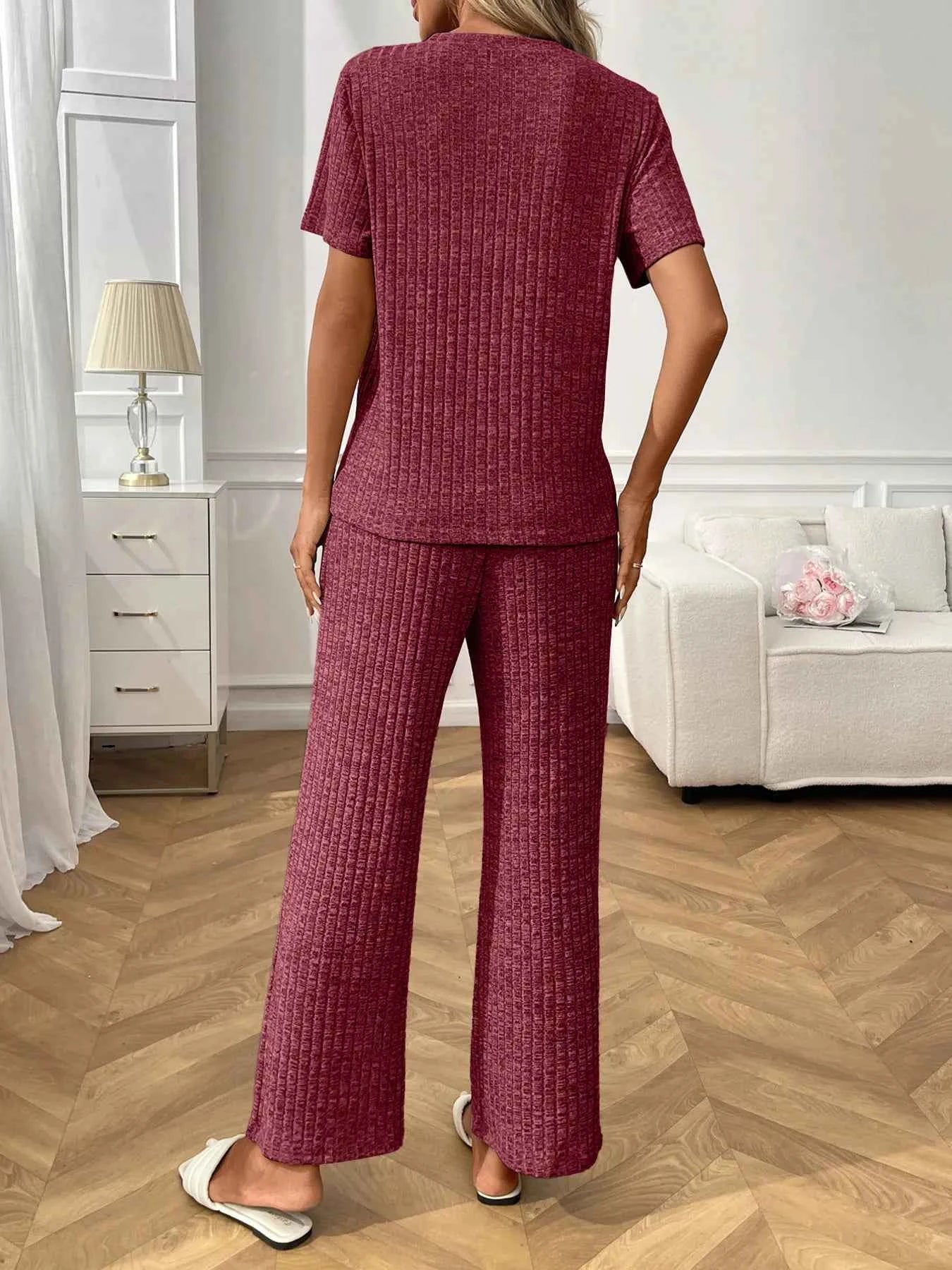 Ribbed Knit Short Sleeve Top and Pants Lounge Set bb879d019f1c4bd99cf18c5eca402c32-Max-Origin