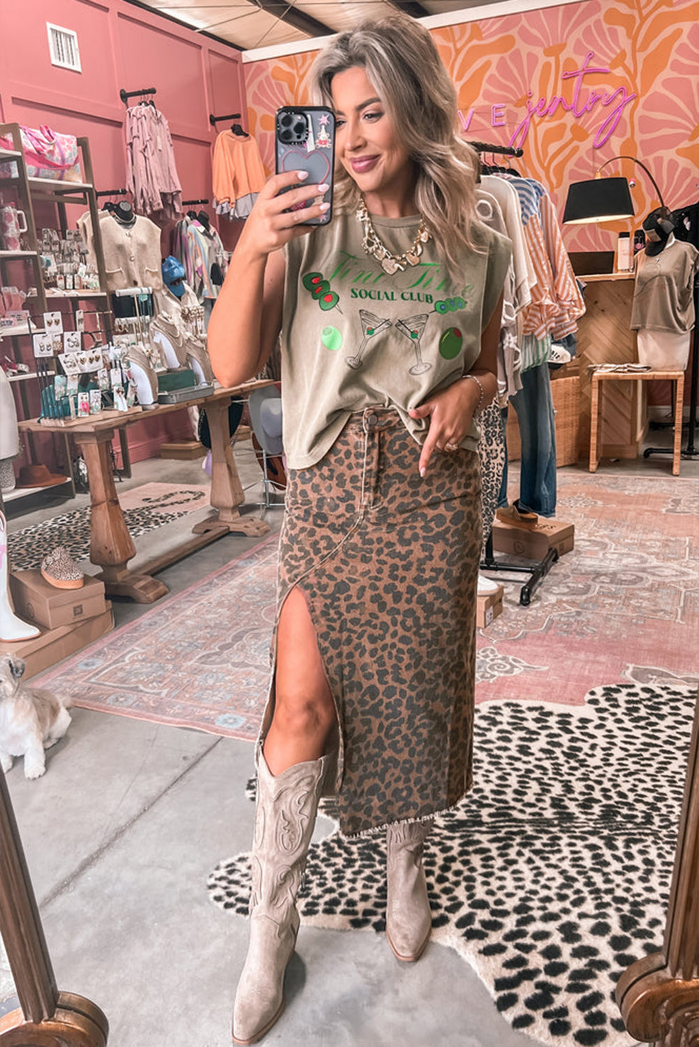 Brown Leopard Frayed Split Denim Midi Skirt bb896e8c824f1c77