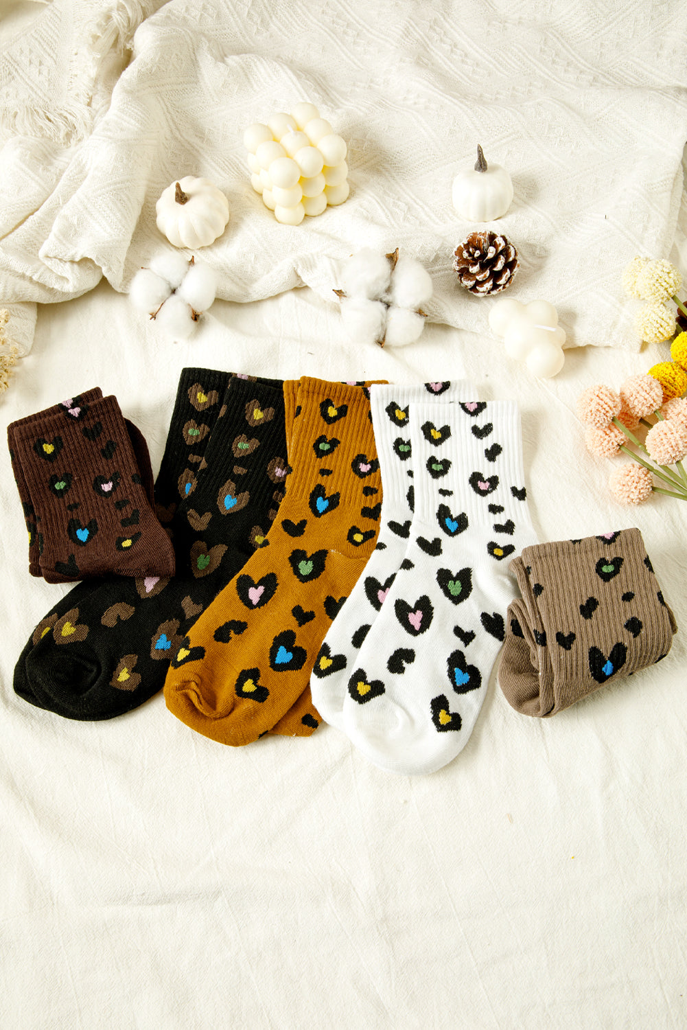 Bristol Black 5 Pairs Ribbed Trim Heart Leopard Print Socks bb8a599a6bd0eb3e