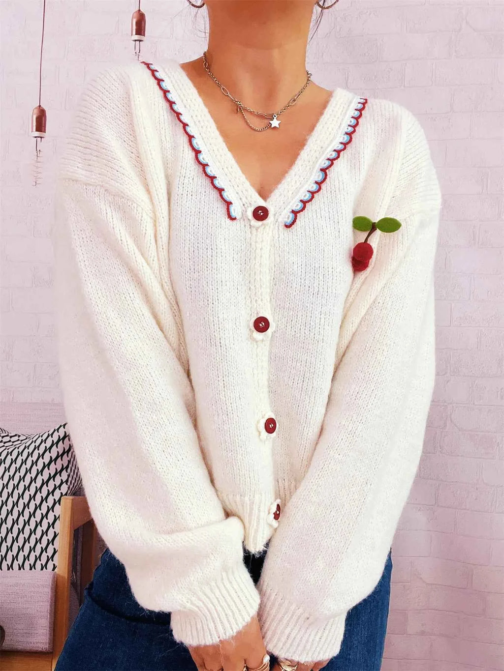 Cherry Button-Front Long Sleeve Cardigan bb8b2101c9334934ba3cf7ceab0ae246-Max-Origin