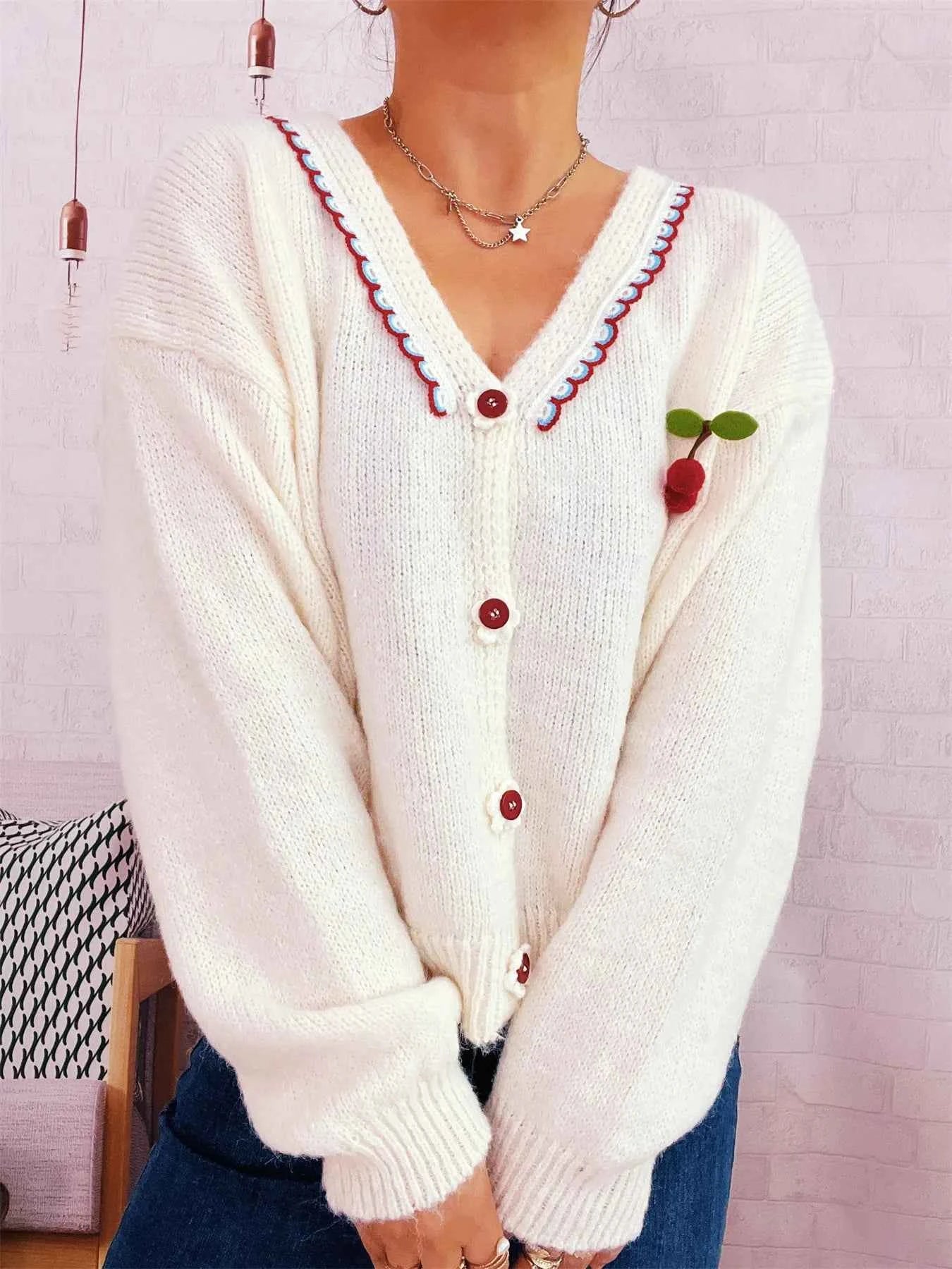 Cherry Button-Front Long Sleeve Cardigan bb8b2101c9334934ba3cf7ceab0ae246-Max-Origin