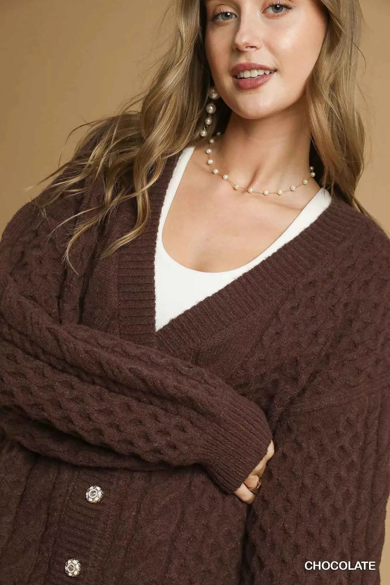 Umgee Cable Knit Pearl Button Cardigan bb8cef0b-6314-46fc-9608-0ddfeeb51cdb-Max-Origin