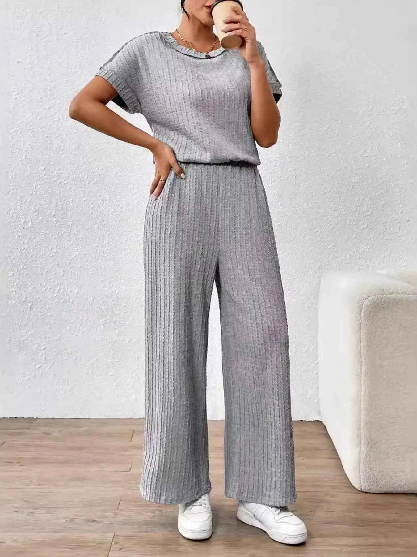 Round Neck Short Sleeve Top and Pants Set bb8ec1c071f244fc95a34f6a7e898d29-Max-Origin