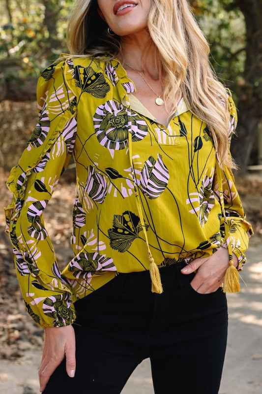Floral V-Neck Ruffle Trim Long Sleeve Blouse bb91a66b-f37e-4869-9f6b-183b8479109e
