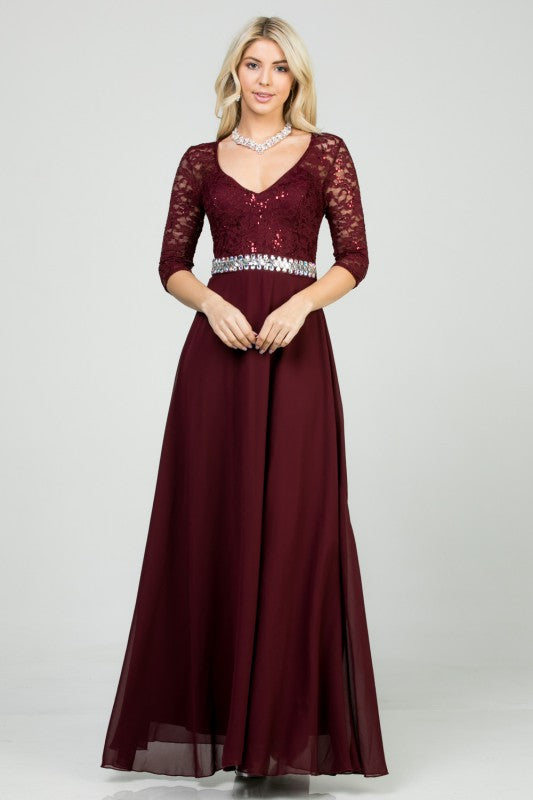 A-Line Lace Evening Dress – 3/4 Sleeve Rhinestone Waist Gown for Women Burgundy bb935750-1b25-4ec0-85d5-b727058fce6c