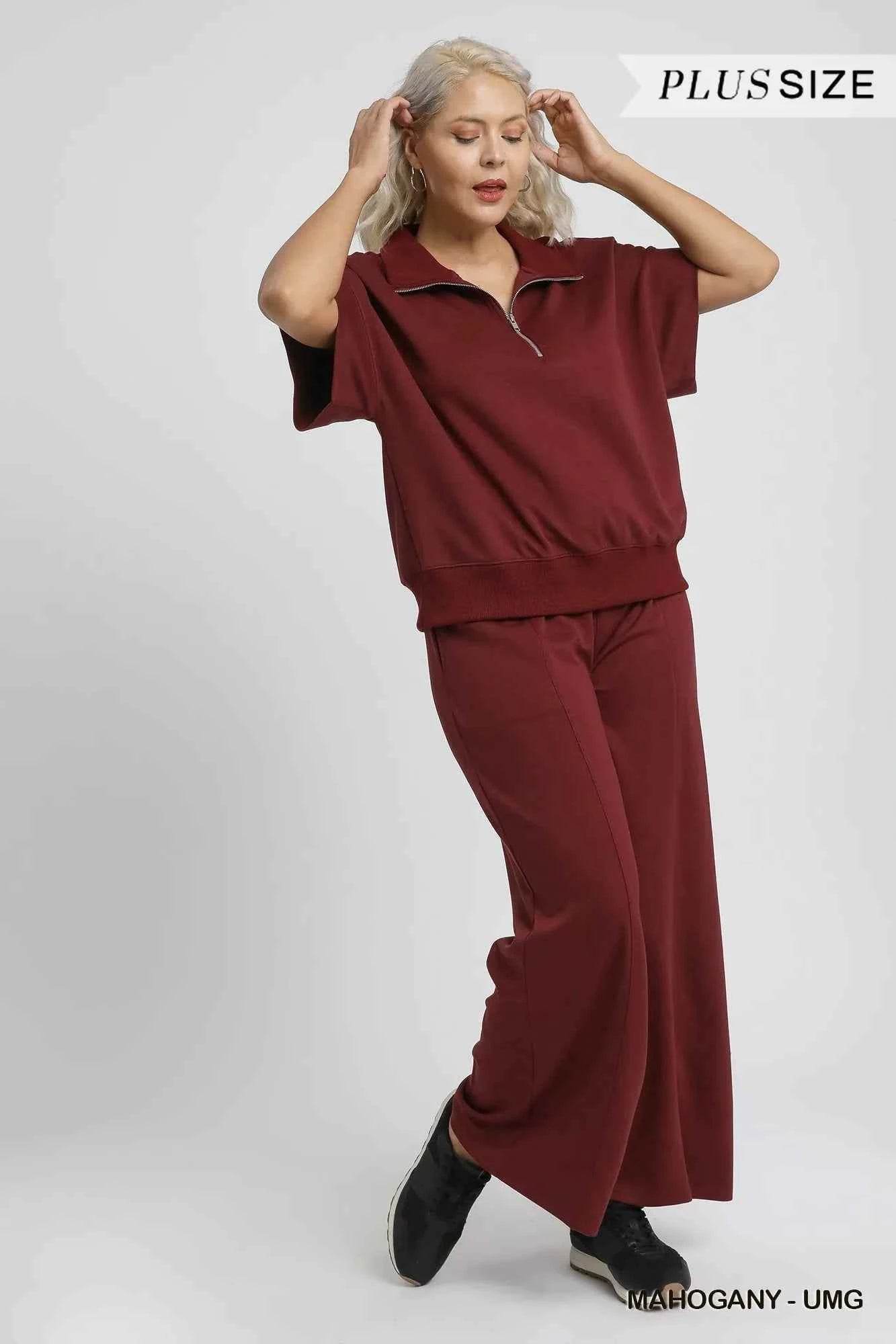 Umgee Full Size Half-Zip Short Sleeve Top Plus Size bb97e804-1968-42b7-92ce-e9503a29d795-Max-Origin