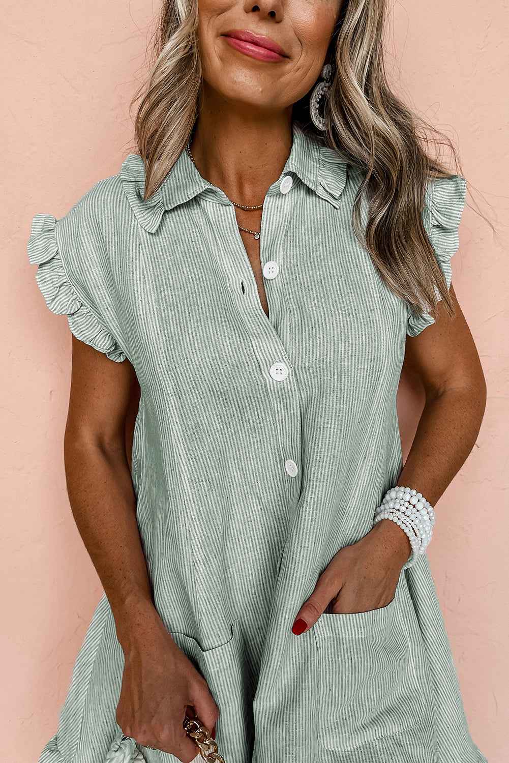 Green Stripe Frill Trim Pocket Button Up Mini Dress bb98cb599a09eefa