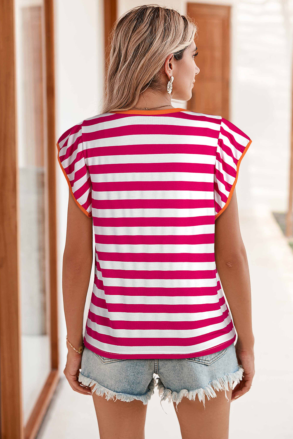 Rose Red Ruffle Sleeve Contrast Trim Striped Tee bb9b2e1bfd61505e