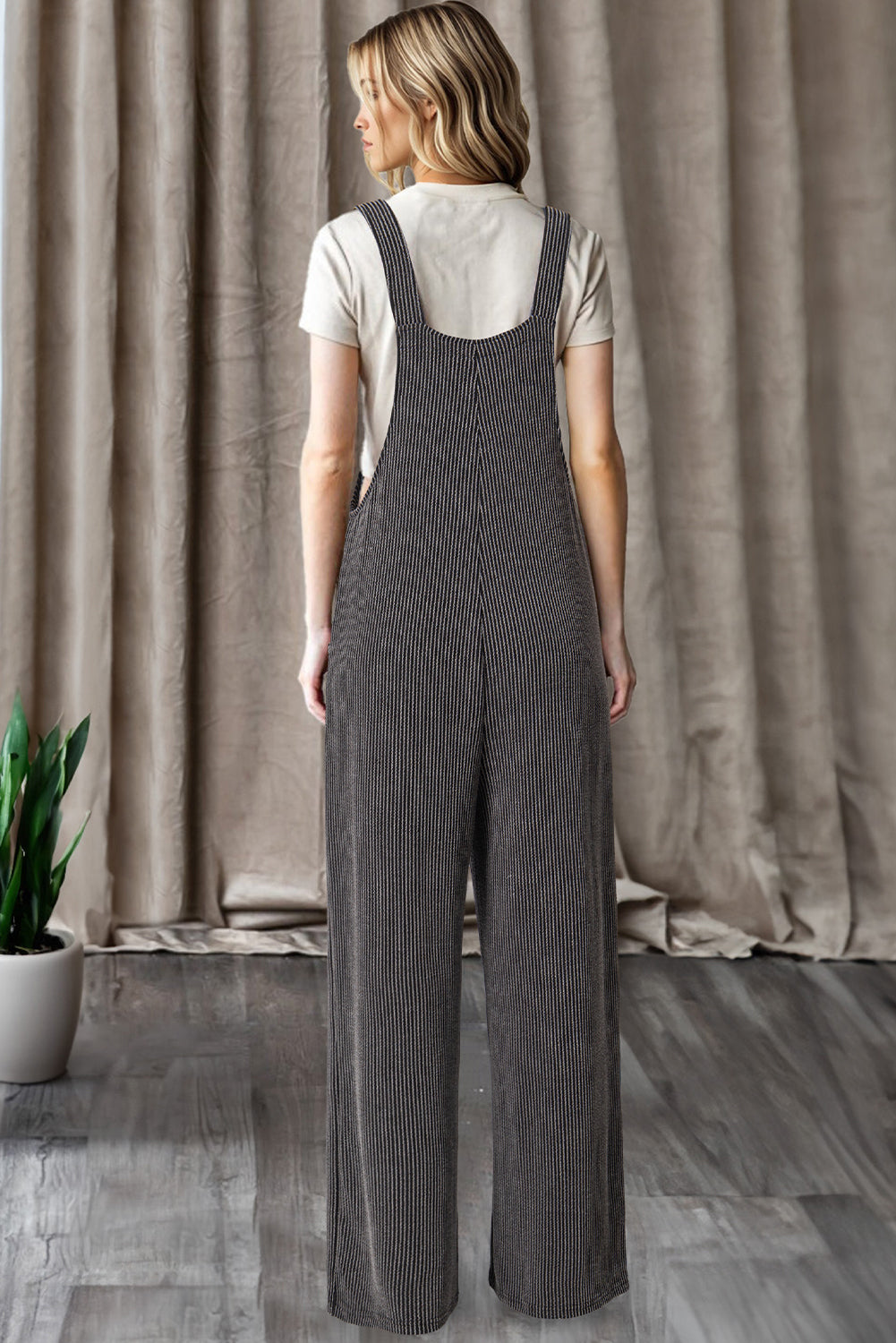 Carbon Grey Ribbed Knit Patched Pocket Wide Leg Overalls bb9cca378ee4683b