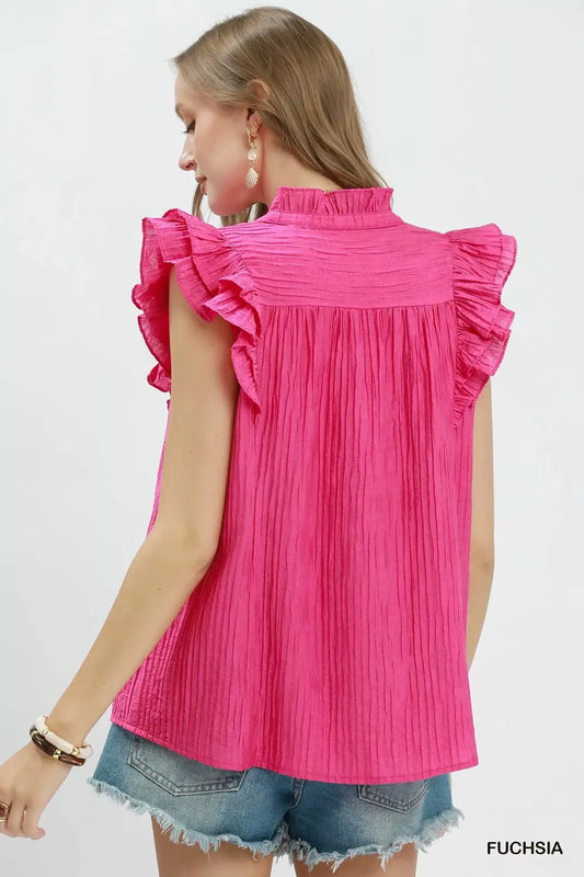 Textured Ruffle Sleeve Split V Neck Top bbac8f77-9cf4-41ba-b8f3-a7020622fa89-Max-Origin