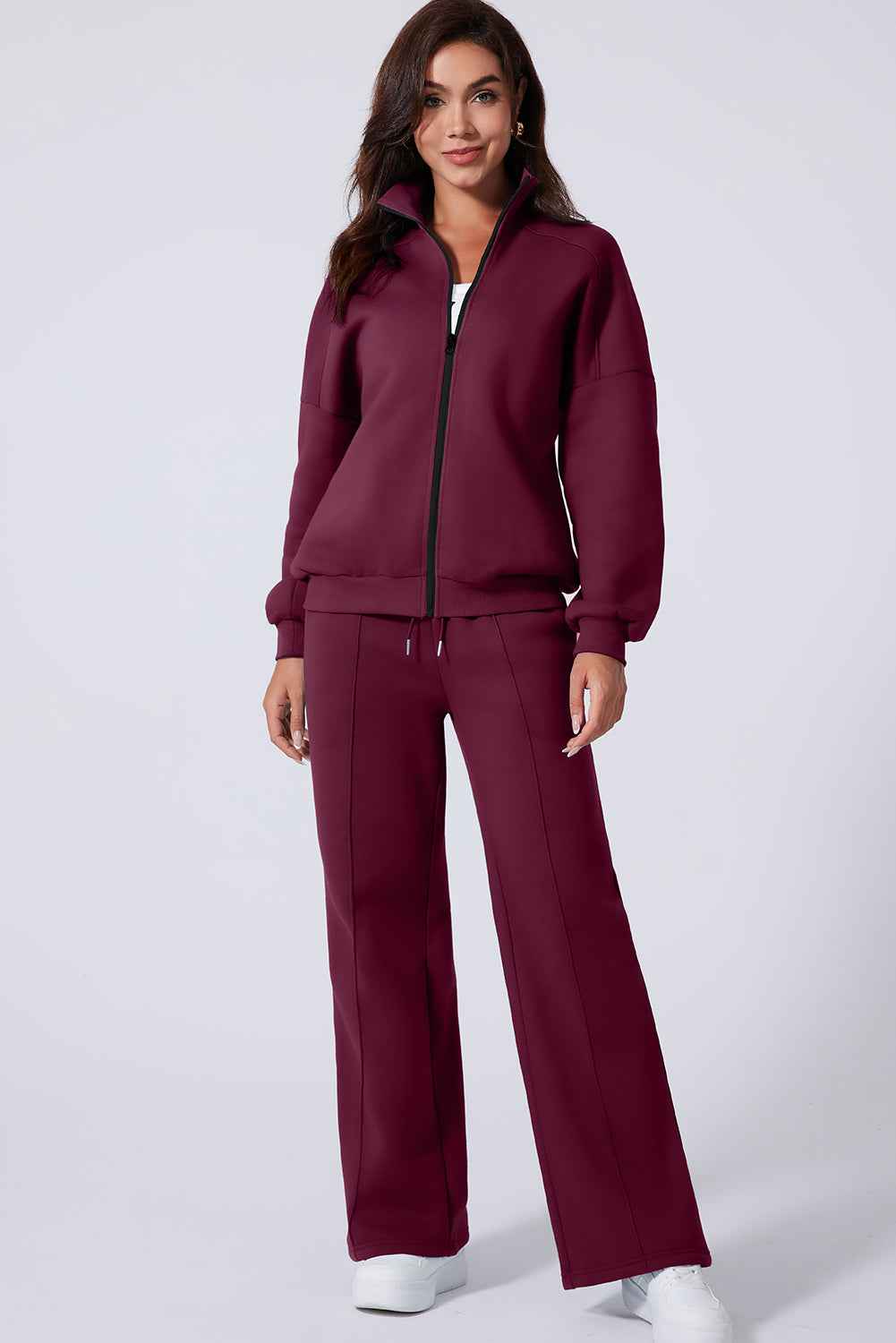 Burgundy Drop Shoulder Zip Up Jacket Drawstring Pants Active 2pcs Set bbaca58af0273146