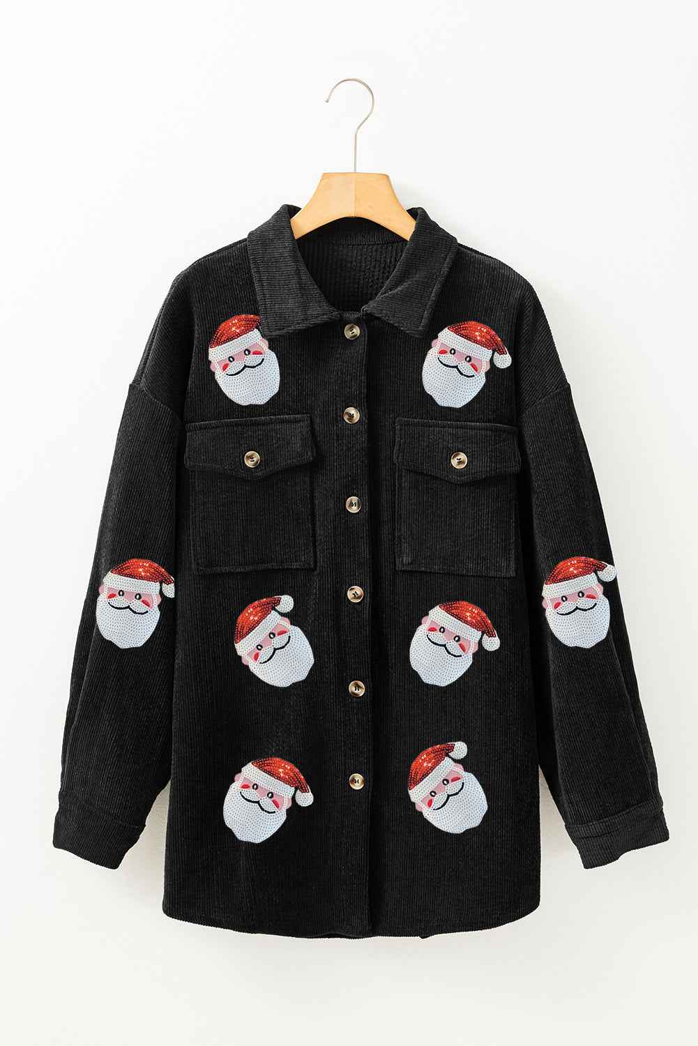Black Sequin Father Christmas Graphic Button Down Ribbed Shacket bbb0eeaaa957d50e