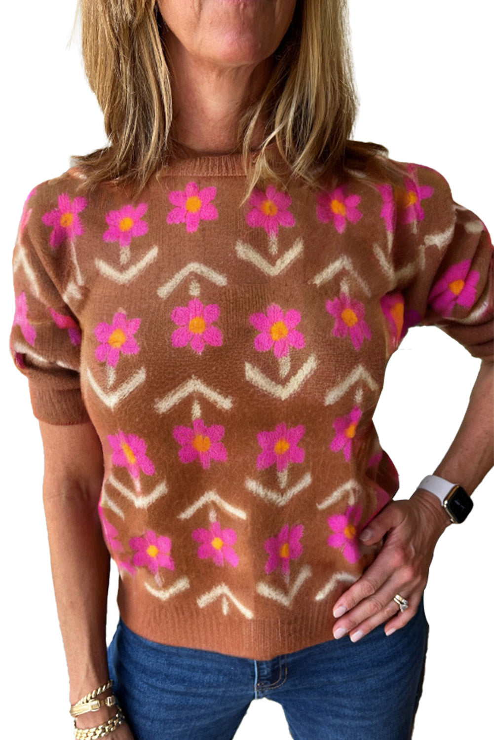 Brown Floral Pattern Short Puff Sleeve Sweater bbb7fd493534e2db