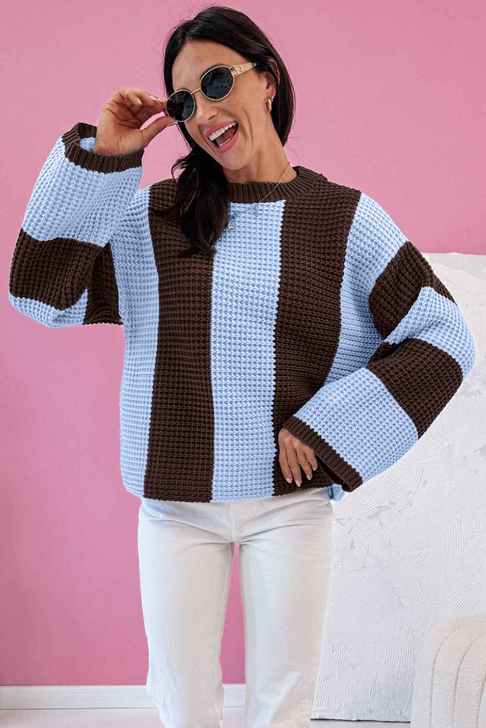 Myosotis Striped Color Block Thermal Textured Knit Drop Shoulder Sweater bbc162c1f0936127