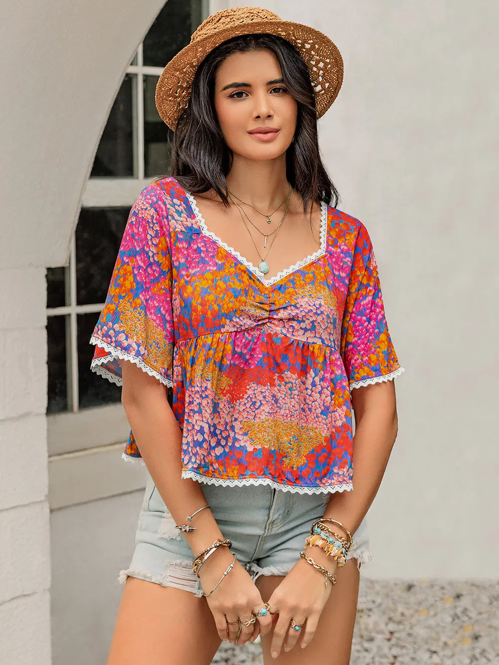 Ruched Printed Half Sleeve Blouse bbc367b6-6369-4a98-bb90-9e9a20a1bb65-Max