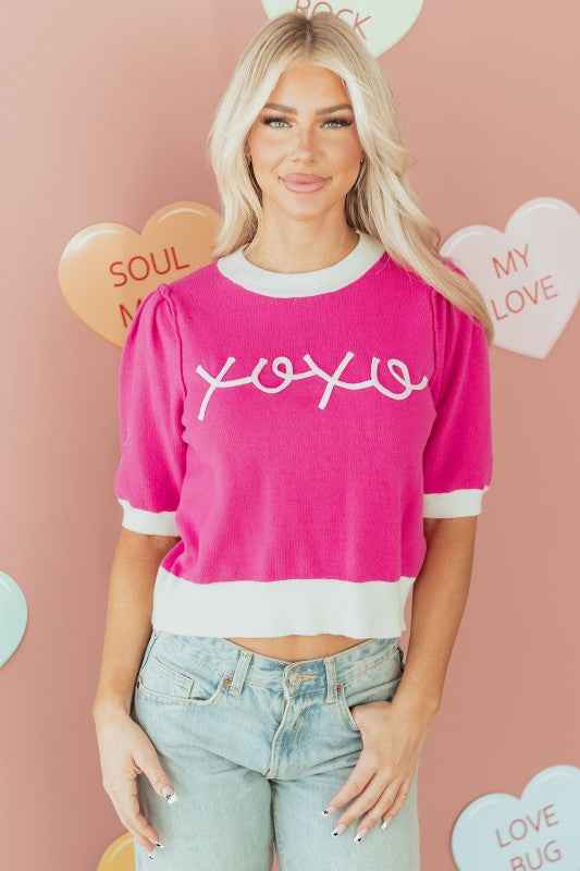Valentine XOXO Embroidered Puff Sleeve Sweater Tee bbc770c9-f822-442f-84e5-32d872534d56