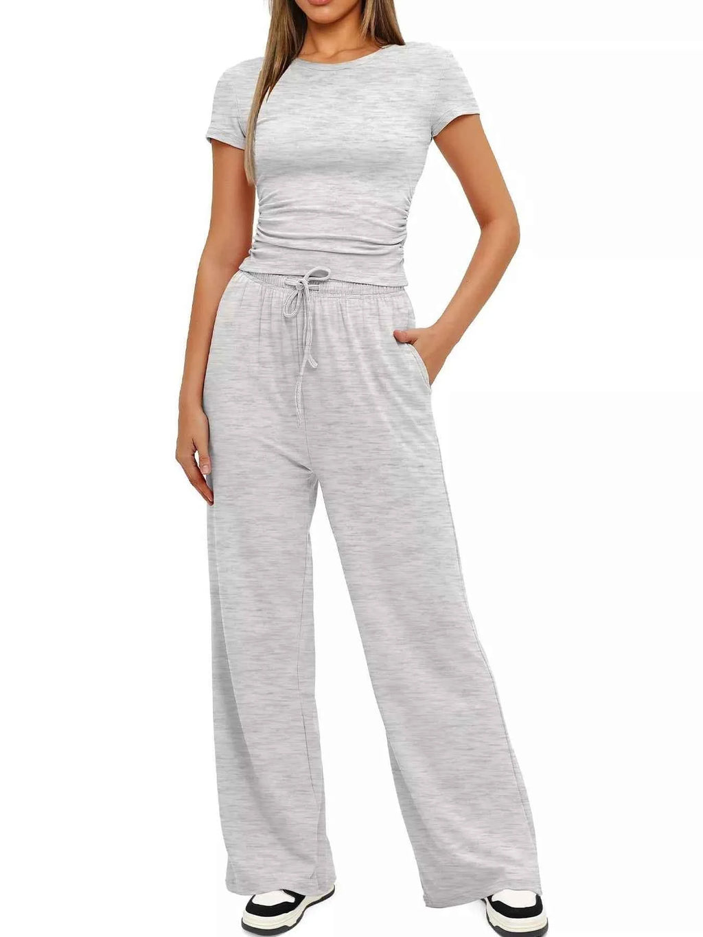 Round Neck Short Sleeve T-Shirt and Pants Set Light Gray bbcab214402c40968411702046a23ddf-Max-Origin