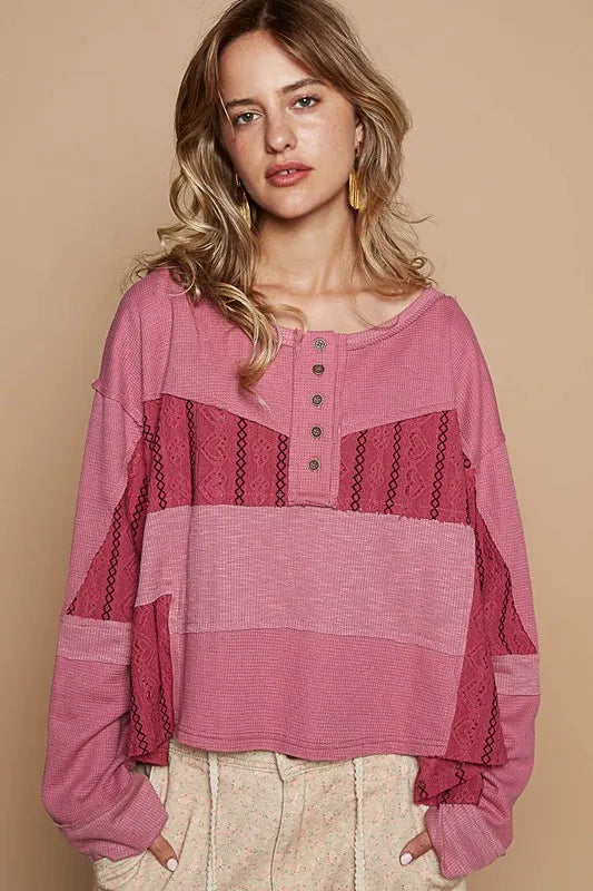 POL Half Button Color Block Drop Shoulder Knit Top Cerise bbcc7bf9-02c9-4c3c-a213-57c09fe56184-Max