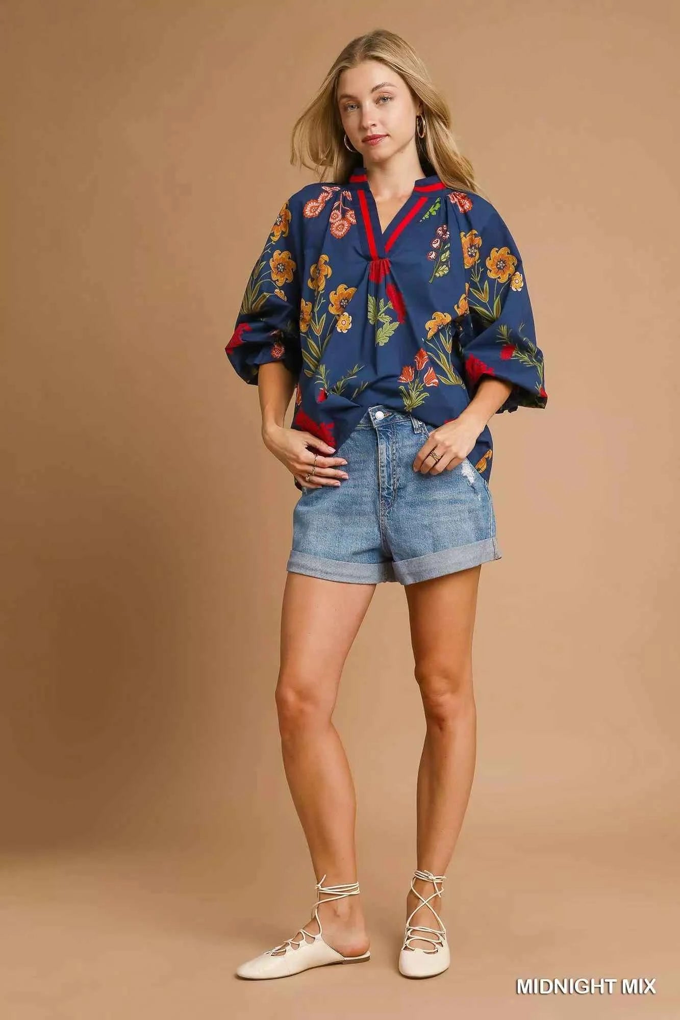 Umgee Floral Print Flounce Sleeve Blouse bbce2961-f2dc-4964-b9a3-d28284c89fe5-Max-Origin