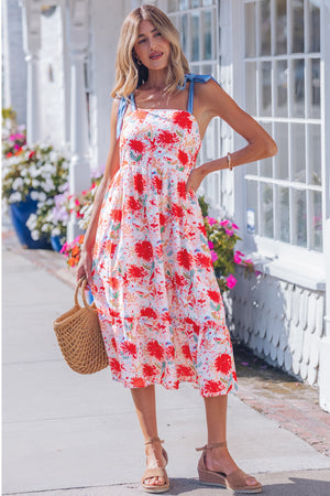 Red Floral Print Contrast Stitched Knot Denim Straps High Waist Dress Red 100%Polyester bbd1fe79c3243d1d