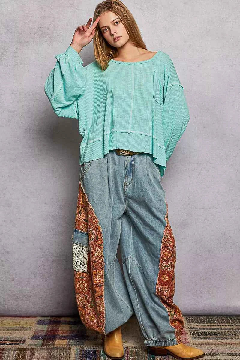 Round Neck Long Sleeve Exposed Seam Top with Chest Pocket bbd6750b-107b-41c8-9647-9988ca7e27f4-Max-Origin