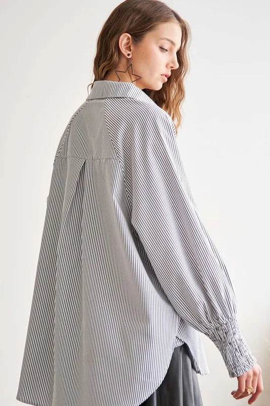 ADORA High-Low Striped Button Down Smocked Lantern Sleeve Shirt bbdd5462-f619-42e1-a8d6-563482516345-Max