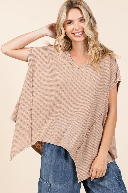 Mittoshop Mineral Wash Waffle Knit Pointed Hem Oversized Top Tan bbdee0cf-0b1c-422d-9654-7521323a9659-Max
