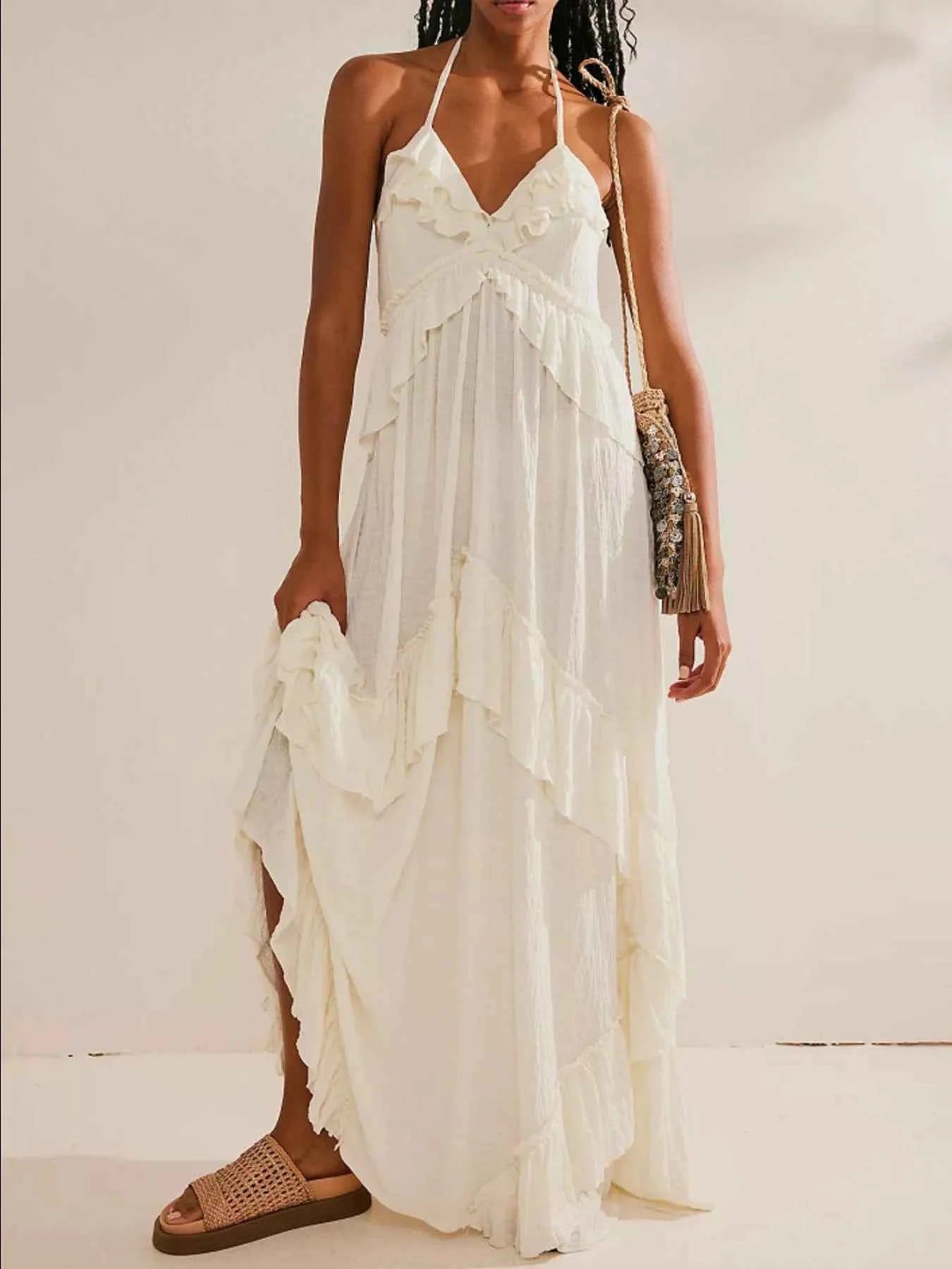 Ruffled Halter Neck Maxi Dress White bbe63cac-2db1-4062-808e-40d77fa01ca4-Max-Origin