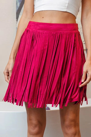 Fringe Detailed Suede Skirt FUCHSIA bbeb132e46f74ed3a6d00df79e08ed1e-Max-Origin