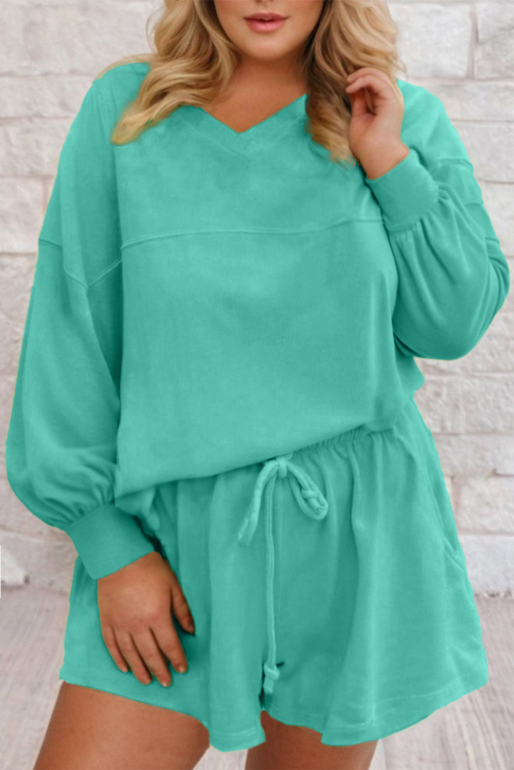 Sea Green Solid Color Plus Size Pullover and Loose Shorts Set Sea Green 75%Polyester+20%Cotton+5%Elastane bbec96b556505d2d