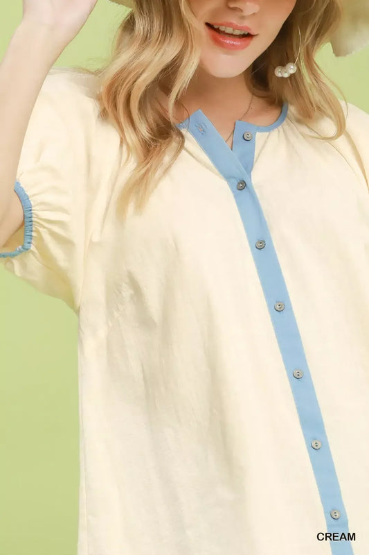 Contrast Trim Button Front Puff Sleeve Blouse bbee5905-a1c4-4fe5-94bb-2a87a4561fc1-Max-Origin