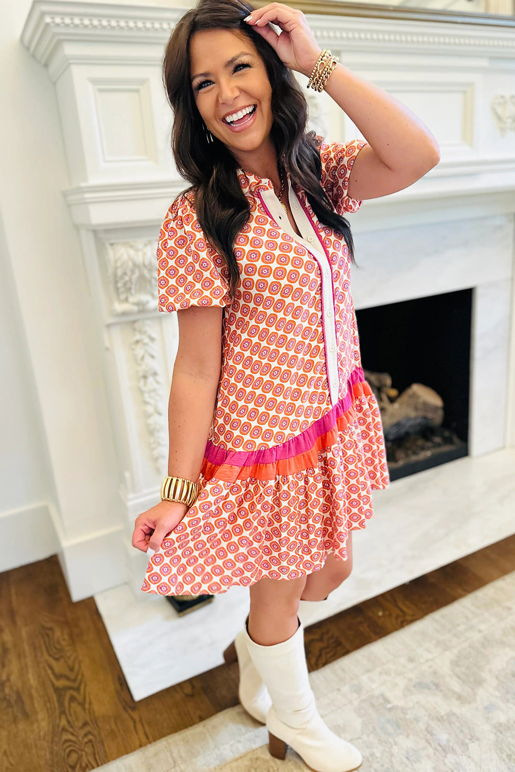 Orange Geometric Floral Print Color Block Trim Button Front Ruffle Hem Dress bbeef6af7984f0c2