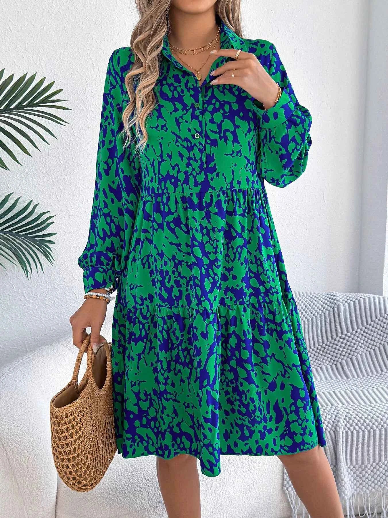 Printed Collared Neck Long Sleeve Dress bbf00c611c4341338ec6fc5e75907ddb-Max-Origin