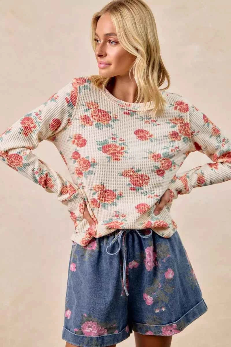 BiBi Floral Print Washed Waffle Thermal Top With Thumb bbf031f0274847fe8624a1247fd64f35-Max-Origin