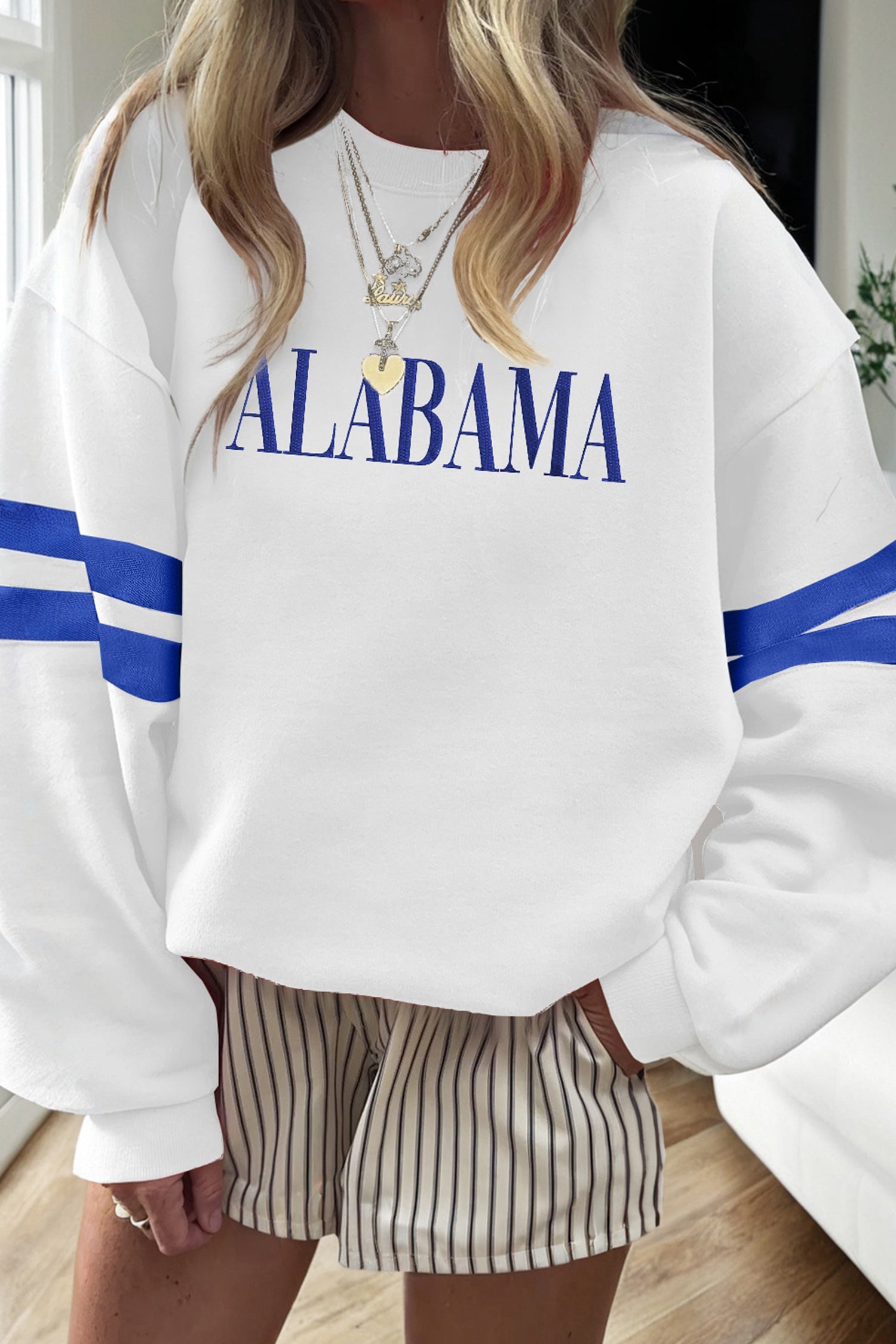 White ALABAMA Varsity Striped Pullover Sweatshirt White 65%Polyester+35%Cotton bbf1504ed6edf861