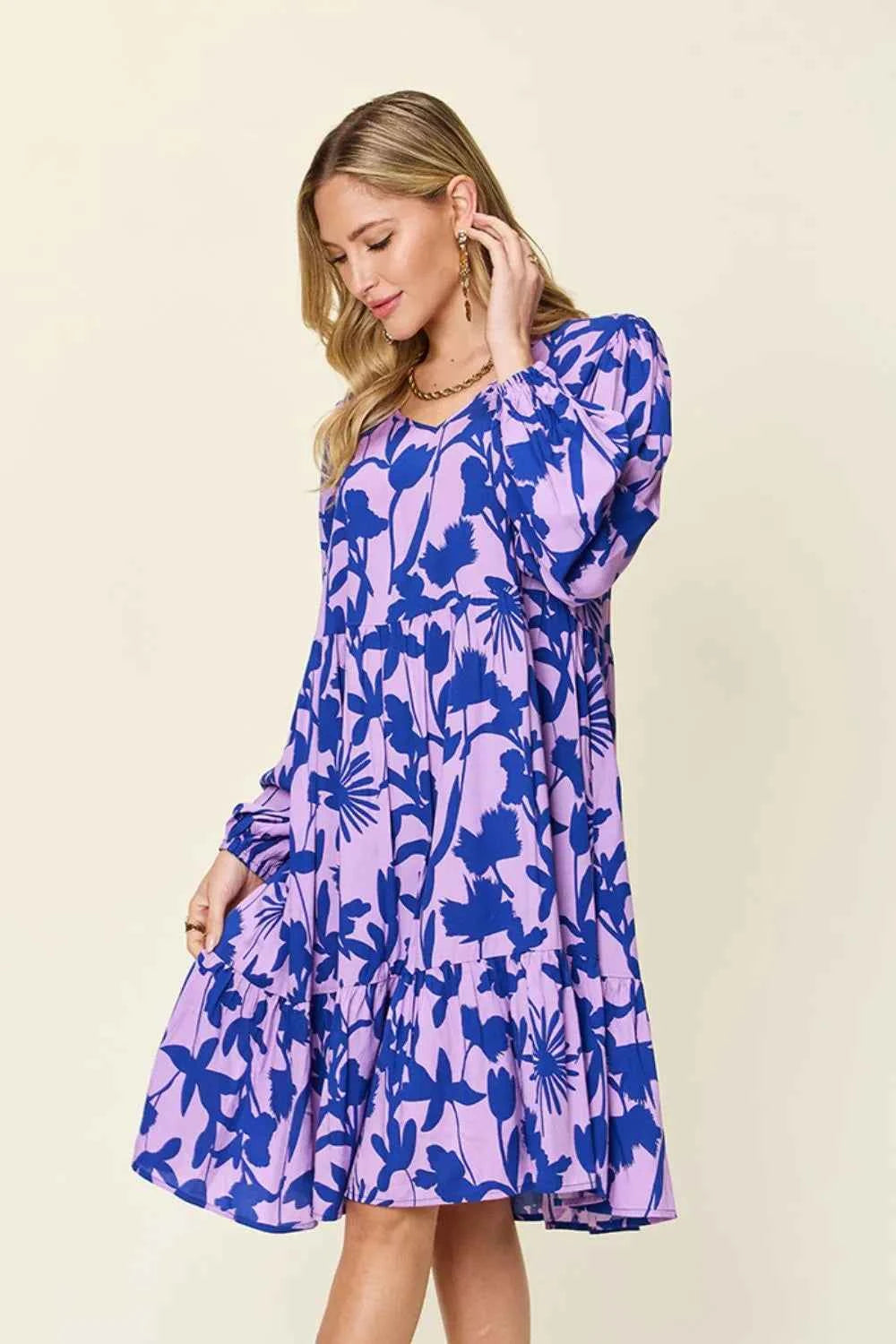 Double Take Full Size Printed Ruffle Hem Dress with Pocket bbf311ea-97e7-47bb-8b75-f52129b5fb73-Max