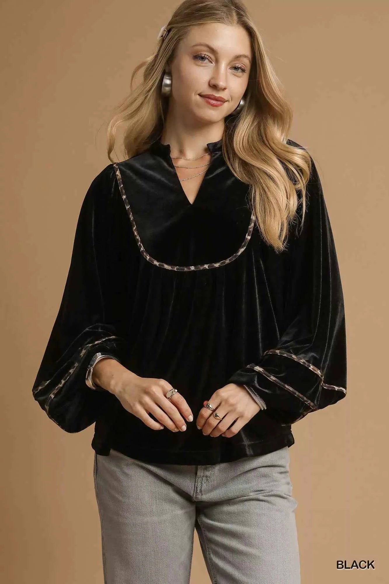 Umgee Velvet Long Sleeve Blouse with Contrast Trim Black bbf654e3-ed0b-4cc3-b732-f32d5e8d9d55-Max-Origin
