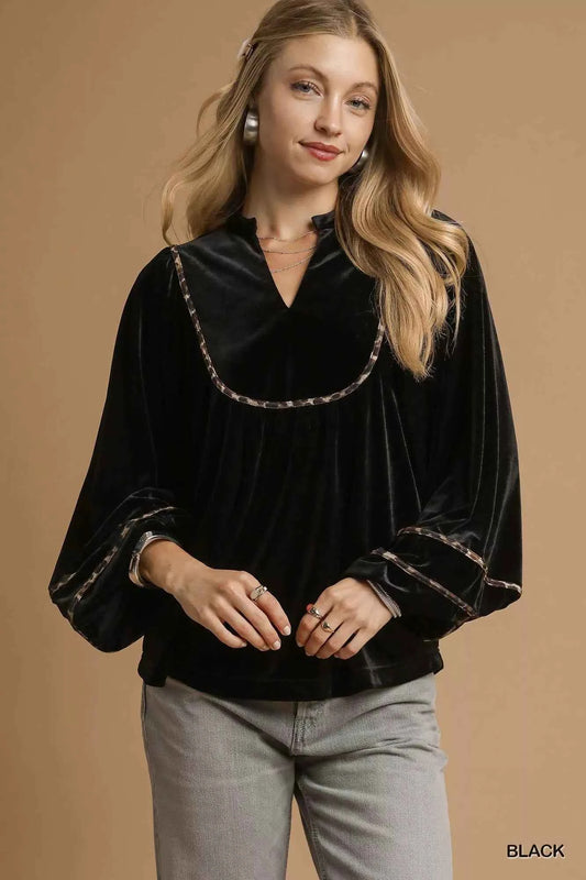 Umgee Velvet Long Sleeve Blouse with Contrast Trim Black bbf654e3-ed0b-4cc3-b732-f32d5e8d9d55-Max-Origin